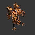 Yellow Mechanical Warrior Creature With Heavy Gun Blue Head Modules And Armor