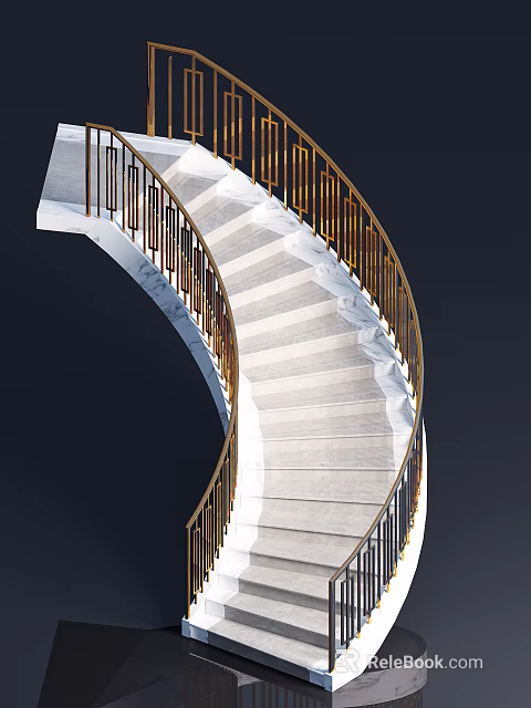 Elegant Modern Spiral Staircase with White Marble Steps and Golden Railings 3d model 