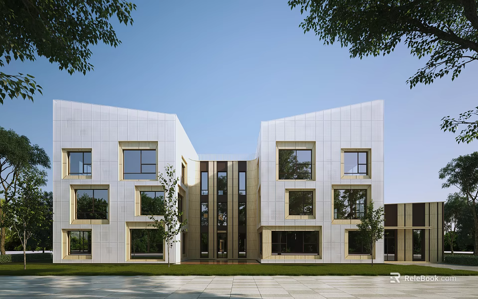Modern School Building With White Facade Geometric Design Large Windows And Trees Around Lawn 3d model 