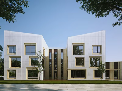 Modern School Building With White Facade Geometric Design Large Windows And Trees Around Lawn 3d model