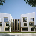 Modern School Building With White Facade Geometric Design Large Windows And Trees Around Lawn