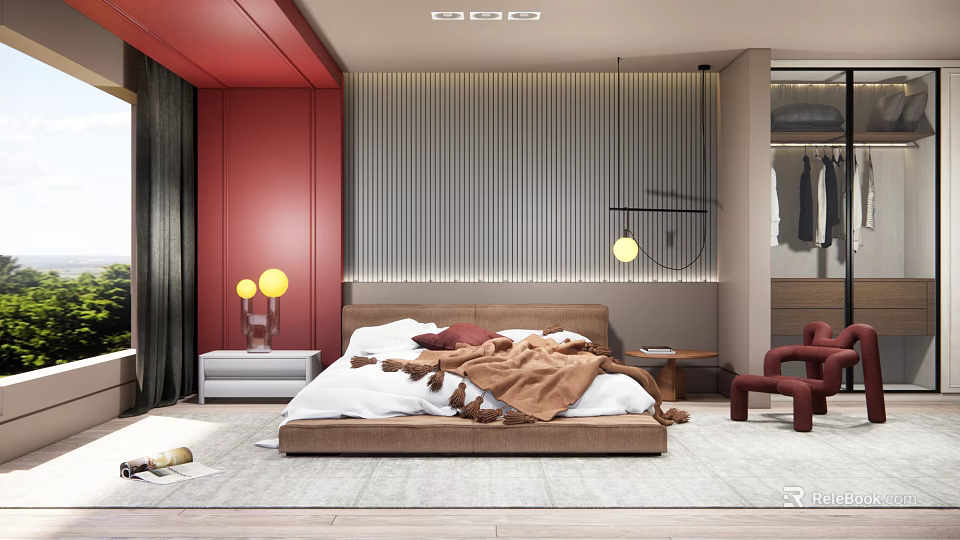 Stylish Bedroom Featuring Red Walls Striped Accent Wall Pendant Light Area Rug And Accent Chair 3d model 