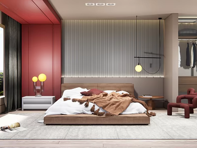 Stylish Bedroom Featuring Red Walls Striped Accent Wall Pendant Light Area Rug And Accent Chair 3d model
