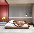 Stylish Bedroom Featuring Red Walls Striped Accent Wall Pendant Light Area Rug And Accent Chair