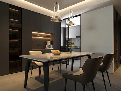 Modern Dining Room Interior With Open Layout Dining Table Chairs And Pendant Lights 3d model