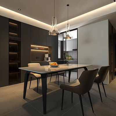 Modern Dining Room Interior With Open Layout Dining Table Chairs And Pendant Lights 3d model