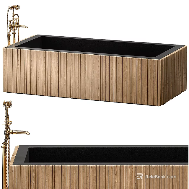 Wooden Bathtub With Vertical Striped Design Black Interior And Golden Faucet 3d model 