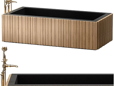 Wooden Bathtub With Vertical Striped Design Black Interior And Golden Faucet 3d model