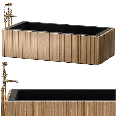 Wooden Bathtub With Vertical Striped Design Black Interior And Golden Faucet 3d model