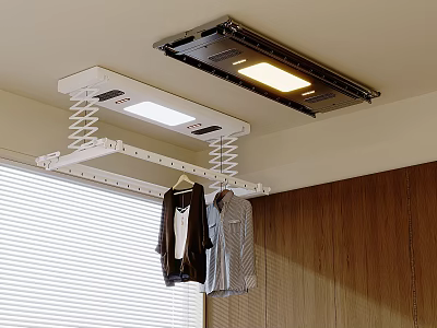Ceiling Mounted Electric Clothes Rack with LED Light Hanging Clothes Near Window and Wooden Cabinet 3d model