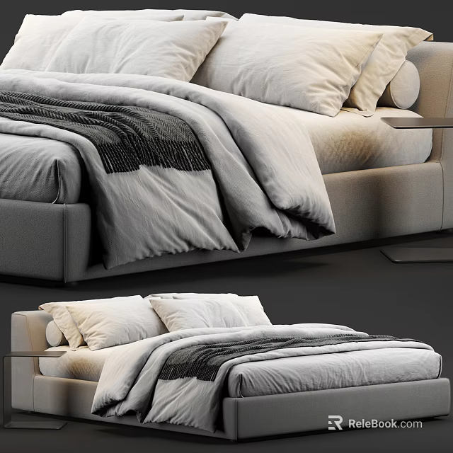 Modern Double Bed Interior Design With Gray Frame White Bedding And Side Table 3d model 