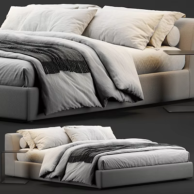 Modern Double Bed Interior Design With Gray Frame White Bedding And Side Table 3d model