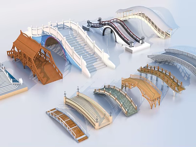 Various Stylish Bridge Designs With Wooden Arched Metal And Stone Structural Elements 3d model