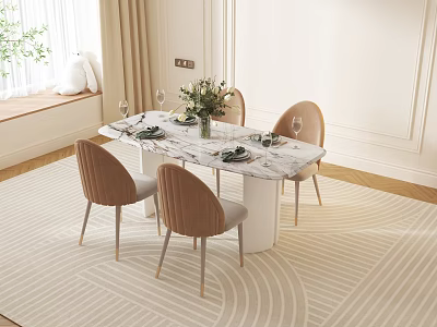 Elegant Brown Upholstered Dining Chairs With Marble Table Greenery And Tableware In Modern Dining Room 3d model