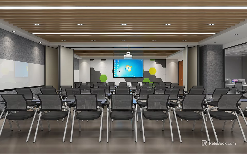 Modern Meeting Room Interior With Wooden Ceiling Recessed Lighting Large Screen And Geometric Wall Decor 3d model 