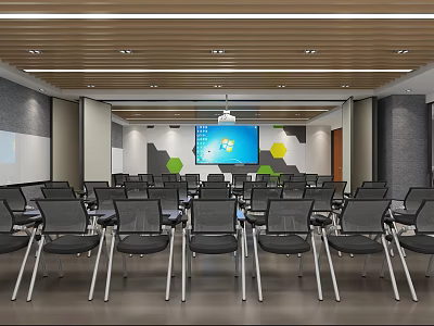 Modern Meeting Room Interior With Wooden Ceiling Recessed Lighting Large Screen And Geometric Wall Decor 3d model