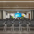 Modern Meeting Room Interior With Wooden Ceiling Recessed Lighting Large Screen And Geometric Wall Decor