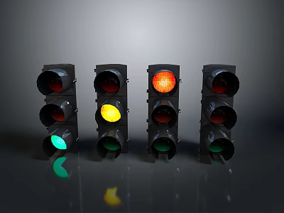 Black Traffic Lights With Red Yellow Green Signals Arranged In Dark Background 3d model