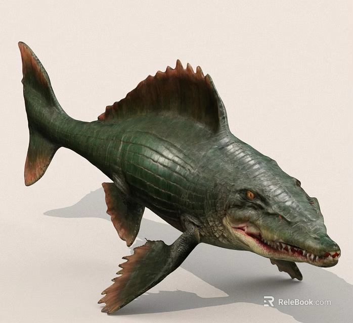 Prehistoric Fish With Crocodile Like Head Green Scales And Red Fins 3d model 