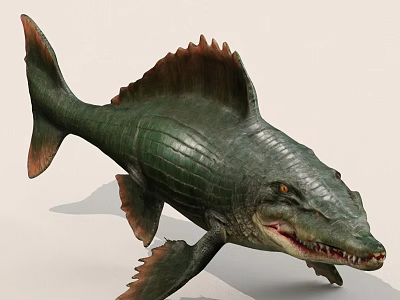Prehistoric Fish With Crocodile Like Head Green Scales And Red Fins 3d model