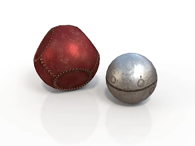 Decorative Red Leather Ball With Stitched Detail And Silver Metal Ball With Round Holes 3d model