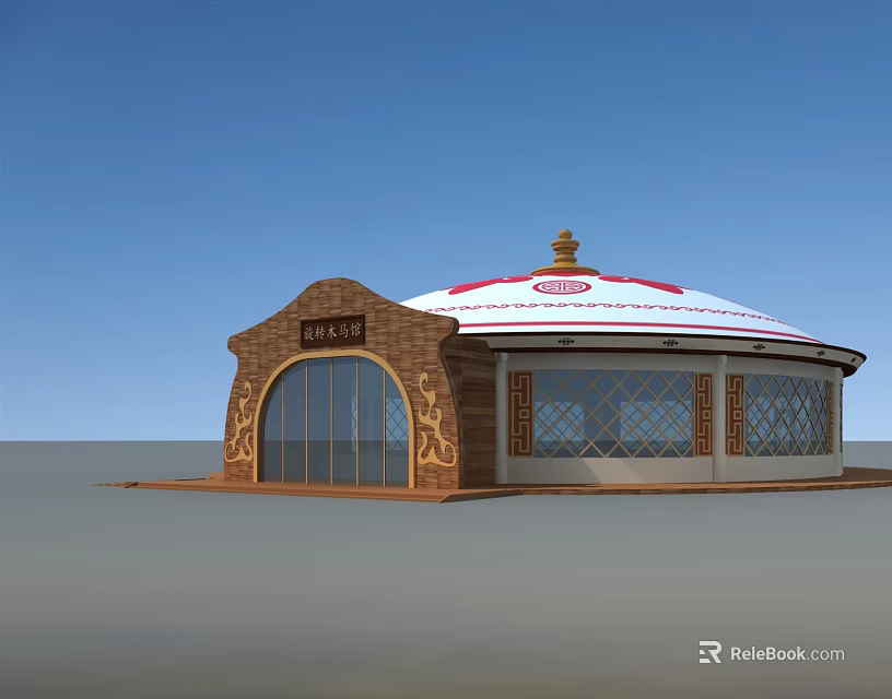Traditional Yurt Style Herdsmen Home With White Red Roof And Brick Wall 3d model 