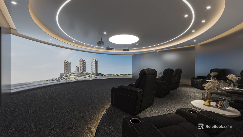Modern Luxurious Home Theater Room With Large Curved Screen Black Leather Recliners And Ceiling Lighting 3d model 