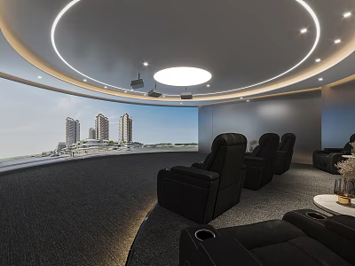 Modern Luxurious Home Theater Room With Large Curved Screen Black Leather Recliners And Ceiling Lighting 3d model