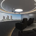 Modern Luxurious Home Theater Room With Large Curved Screen Black Leather Recliners And Ceiling Lighting