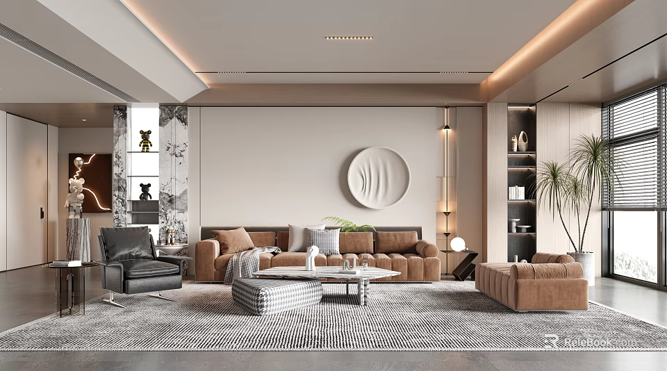 Modern Living Room With Neutral Tones Brown Sofas And Round Art 3d model 