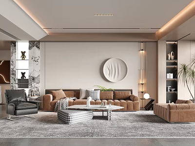 Modern Living Room With Neutral Tones Brown Sofas And Round Art 3d model