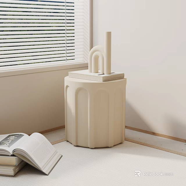 Beige Minimalist Modern Side Table With Fluted Design And Geometric Decor Pieces Near Open Book 3d model 