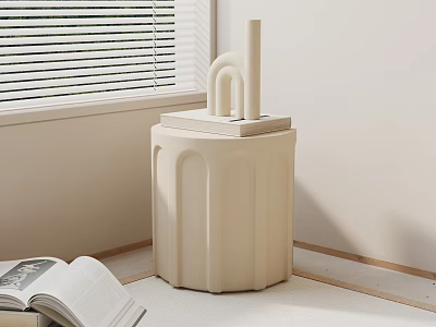 Beige Minimalist Modern Side Table With Fluted Design And Geometric Decor Pieces Near Open Book 3d model