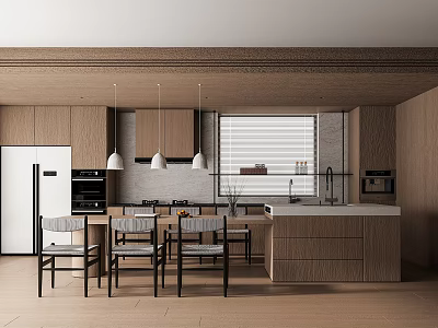 Modern Restaurant Kitchen With Open Design Wooden Cabinets Island Counter Pendant Lights And White Refrigerator 3d model