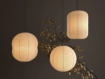 Woven Pendant Lights With Round And Cylindrical Shapes And Golden Leaf Branches On Dark Background 3d model