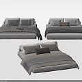 Modern Double Bed With Striped Bed Linens And Decorative Pillows In Gray Beige Tones