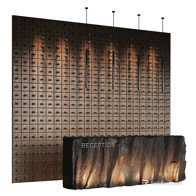 Modern Reception Desk Design With Illuminated Textured Wall And Sleek Stone Surface 3d model