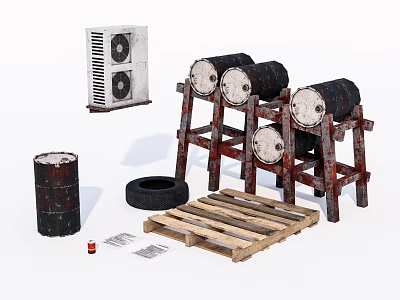 Vintage Decorative Ornament Set With Wooden Racks Barrels Pallet And Tire 3d model