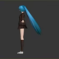 3D Model Girl With Long Blue Hair In Brown School Uniform And White Shoes