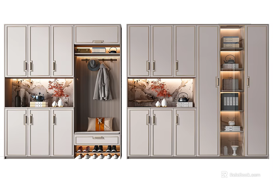 Modern Multifunctional Shoe Cabinet With Hanging Area Storage Bench And Decorative Elements 3d model