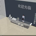 Modern Reception Desk 3D Model With Marble Counter In Blue Lobby And Welcome Sign