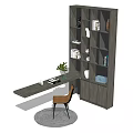 Modern L Shaped Desk With Wooden Bookshelf Orange Chair Green Plant And Round Rug