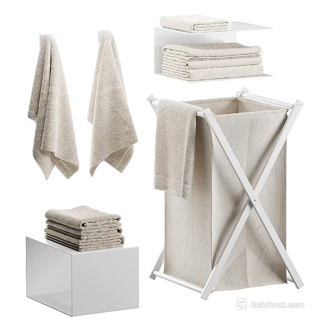 Modern Bathroom Set With Folded Hanging Towels And Storage Rack Basket 3d model 