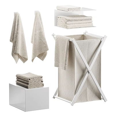 Modern Bathroom Set With Folded Hanging Towels And Storage Rack Basket 3d model