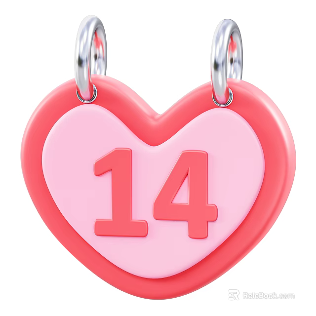 Heart Shaped Decorative Ornament Set with Pink Red Design and Number 14 Hanging Metal Rings 3d model 