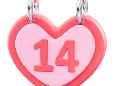 Heart Shaped Decorative Ornament Set with Pink Red Design and Number 14 Hanging Metal Rings 3d model