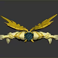 Golden Armored Winged Figure With Yellow Wings And Posed Stance On Reflective Base