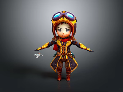Cartoon Man In Yellow Red Outfit With Goggles Holding Small Airplane Model On Dark Background 3d model