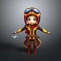 Cartoon Man In Yellow Red Outfit With Goggles Holding Small Airplane Model On Dark Background