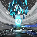 Futuristic Indoor Space With Blue Illuminated Sphere Geometric Structures And Circular Patterns